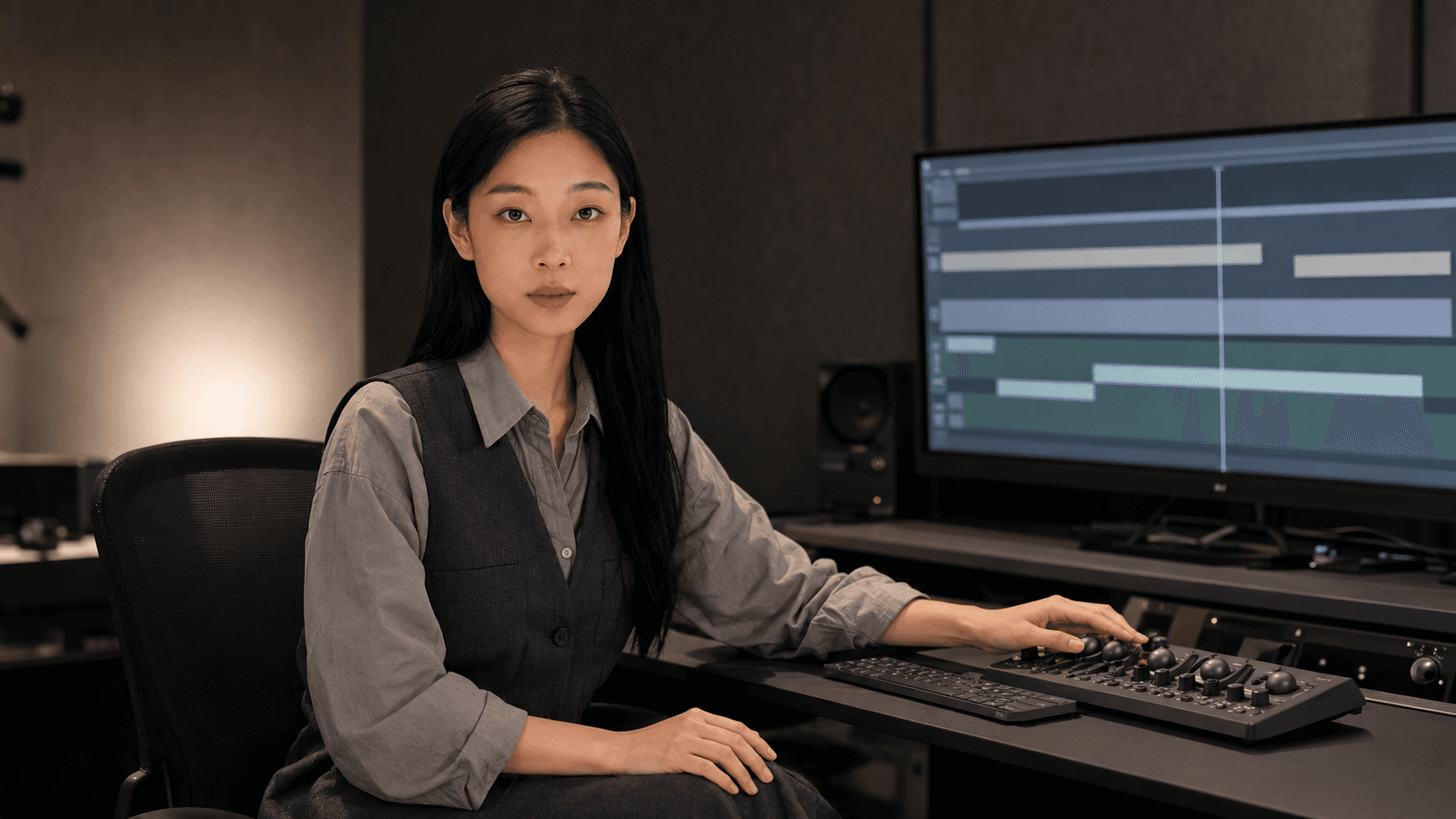 洪婉在后期制作工作台前进行影像制作